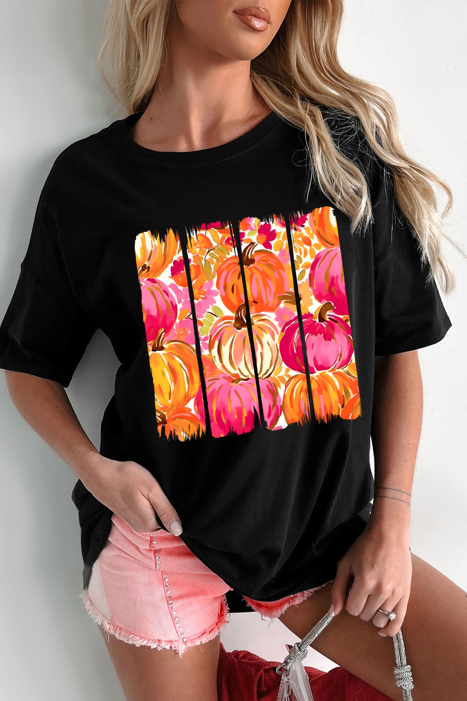 Black Vibrant Pumpkin Print Relaxed T Shirt