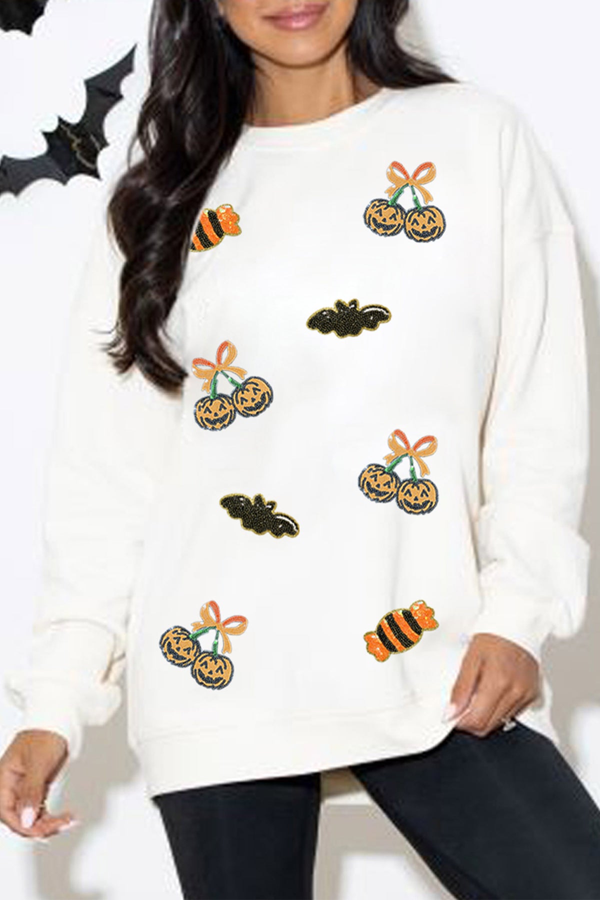 White Sequin Halloween Pattern Pullover Sweatshirt