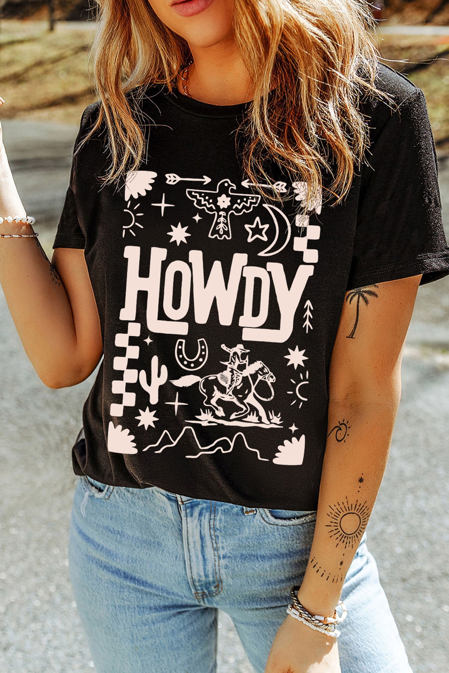 Black HOWDY Western Print Casual Round Neck T Shirt