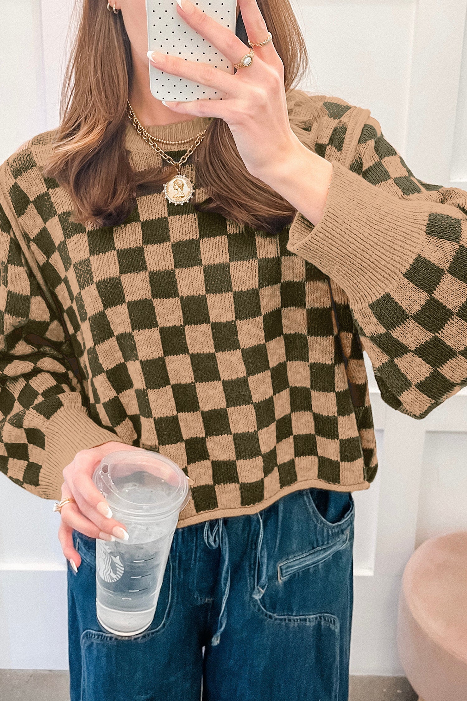 Multicolour Drop Shoulder Plaid Knit Long Sleeve Sweater