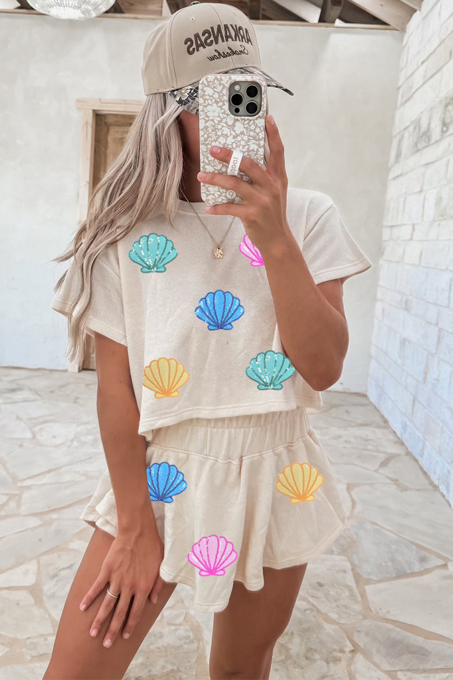 Beige Colorful Sequin Shells Cropped Tee High Waist Skort Set