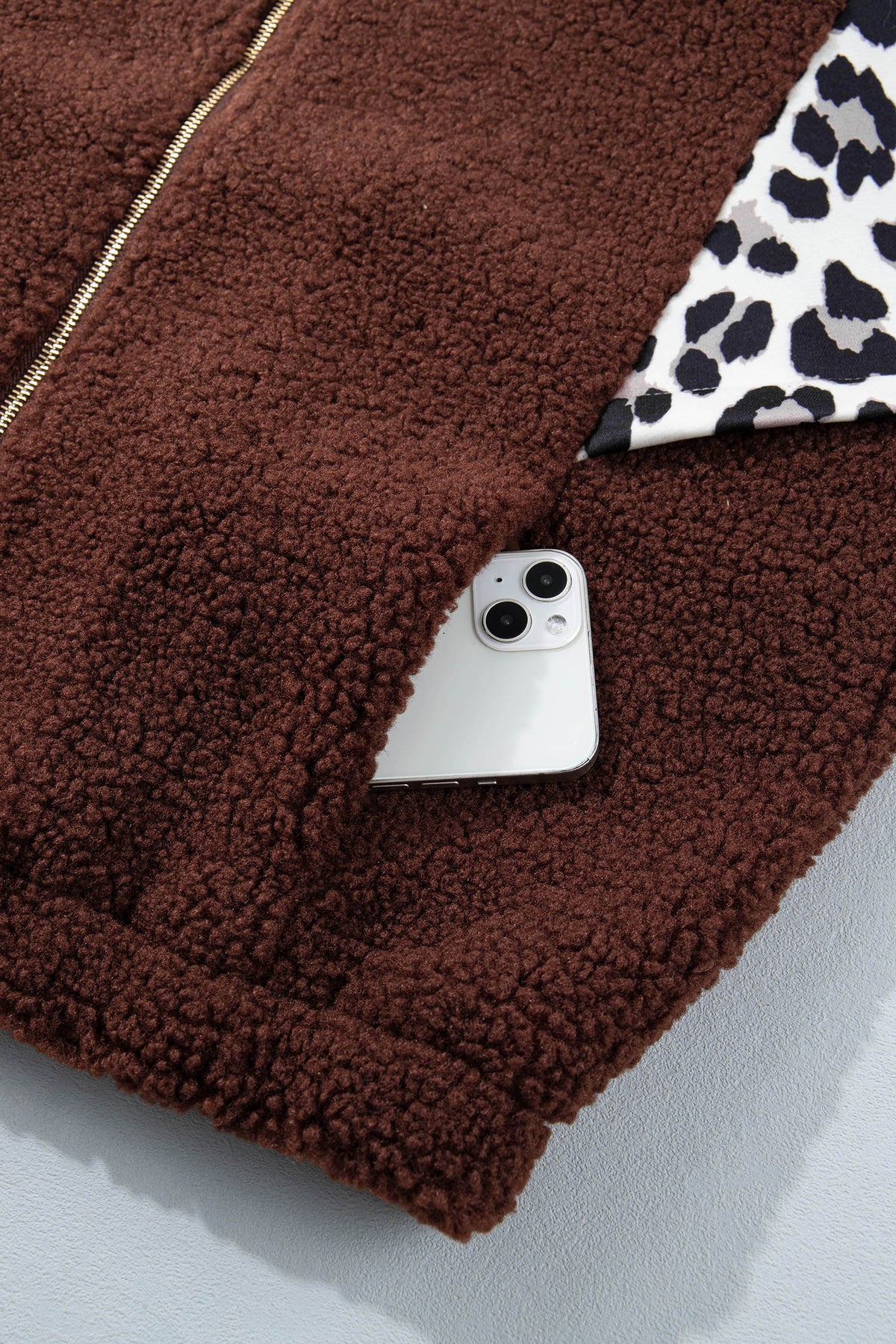Coffee Leopard Patchwork Fleece Western Style Zip-up Collar Jacket
