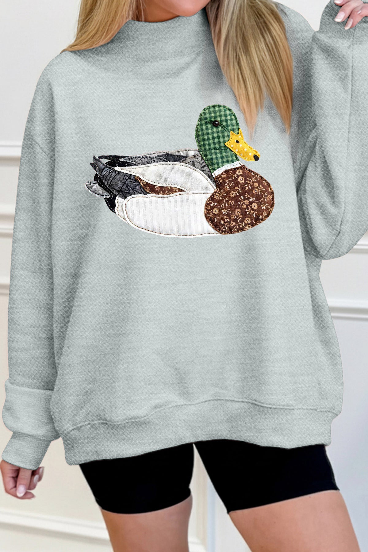 Gray Mallard Patchwork Mock Neck Pullover Sweatshirt