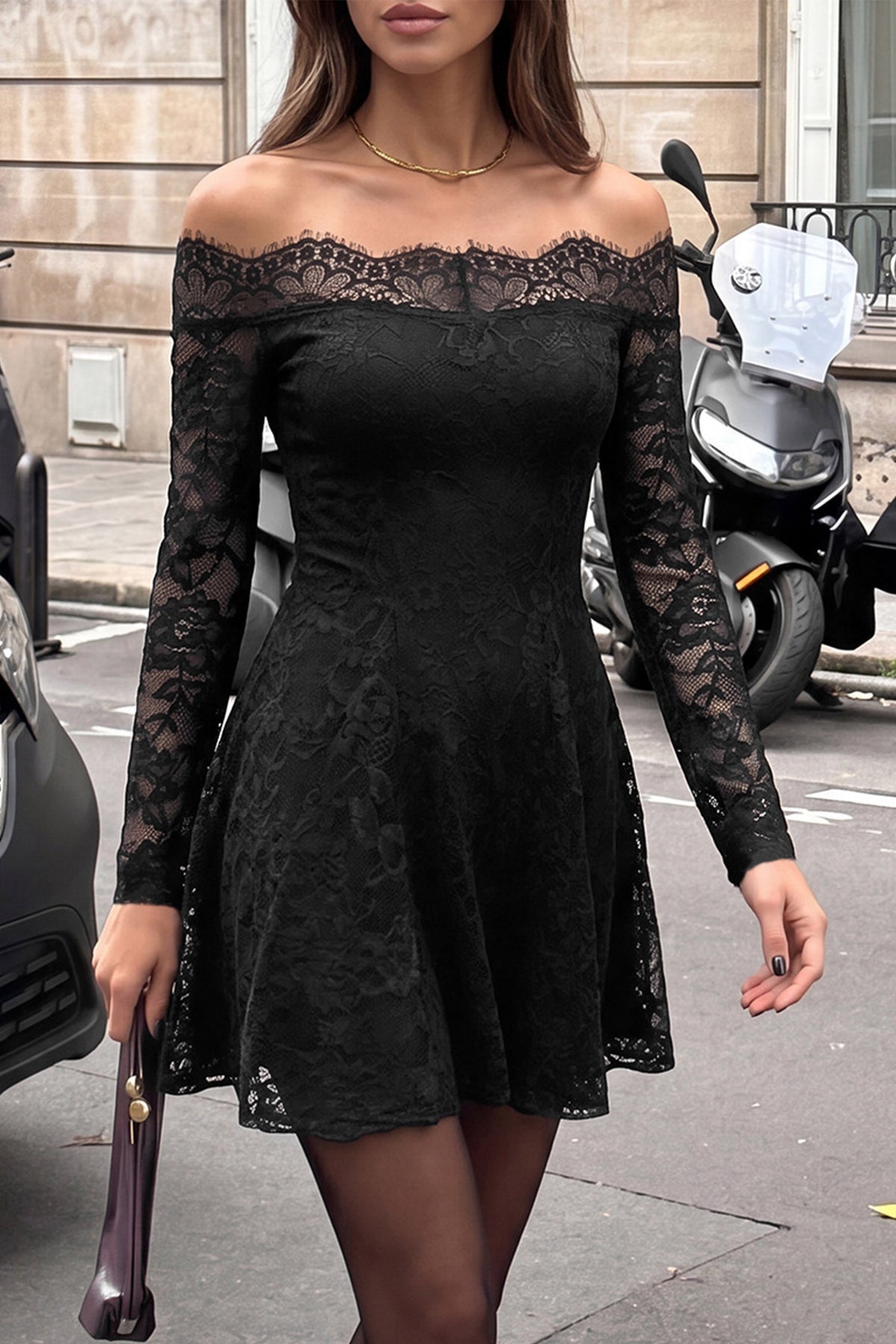 Black Off Shoulder Floral Lace Long Sleeve Fit Flare Mini Dress