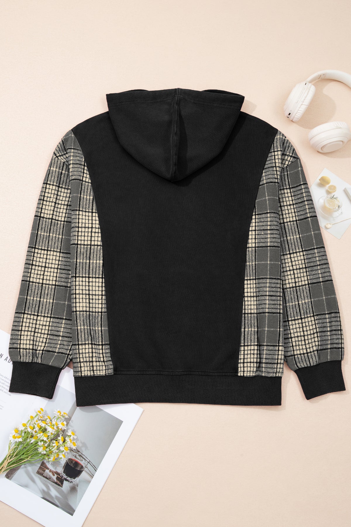 Black Plaid Sleeve Drawstring Pocket Hooded Sweatshirt