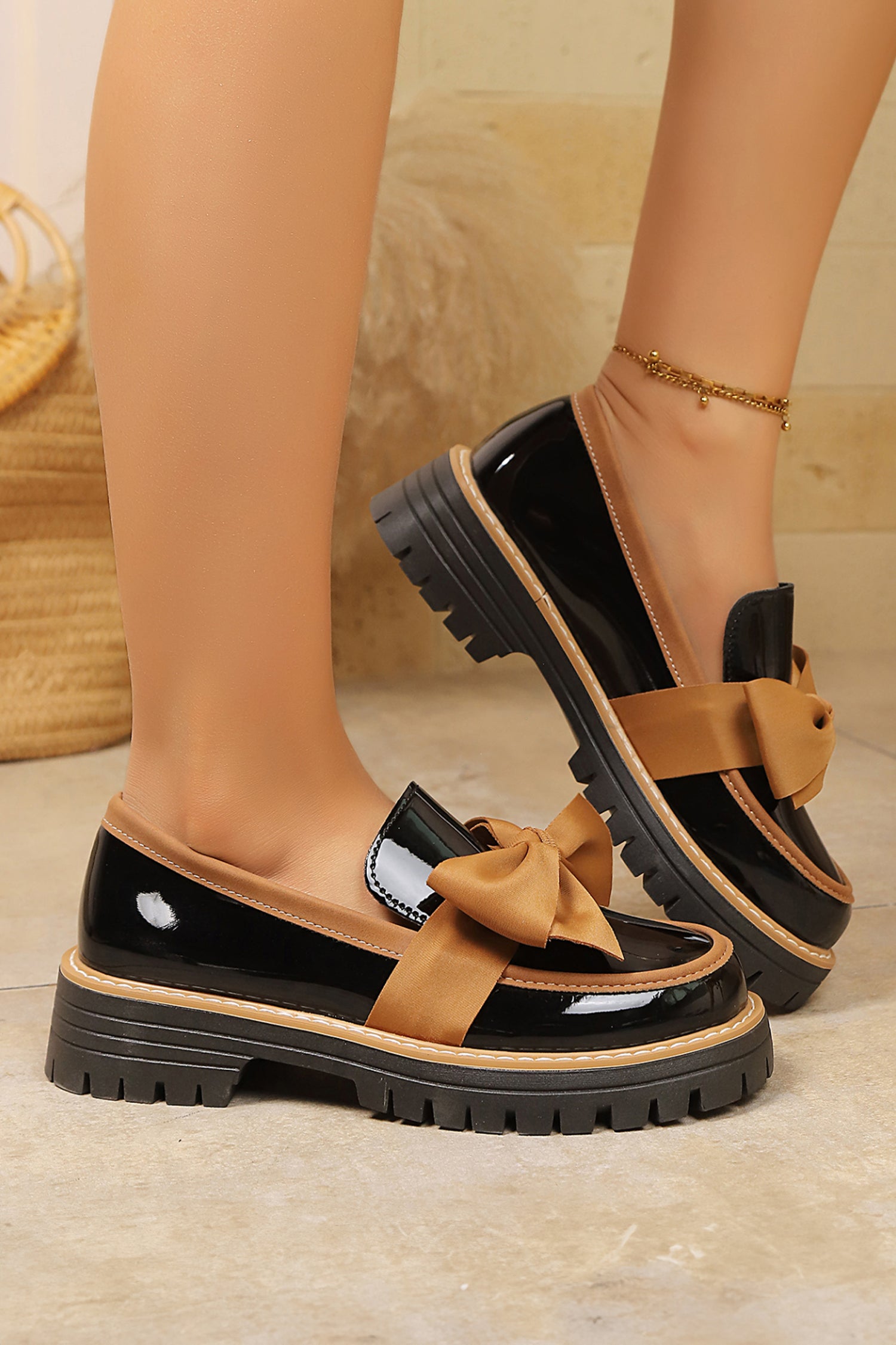 Color black Bowknot Platform Loafers with Slip-On Design and TPR Sole