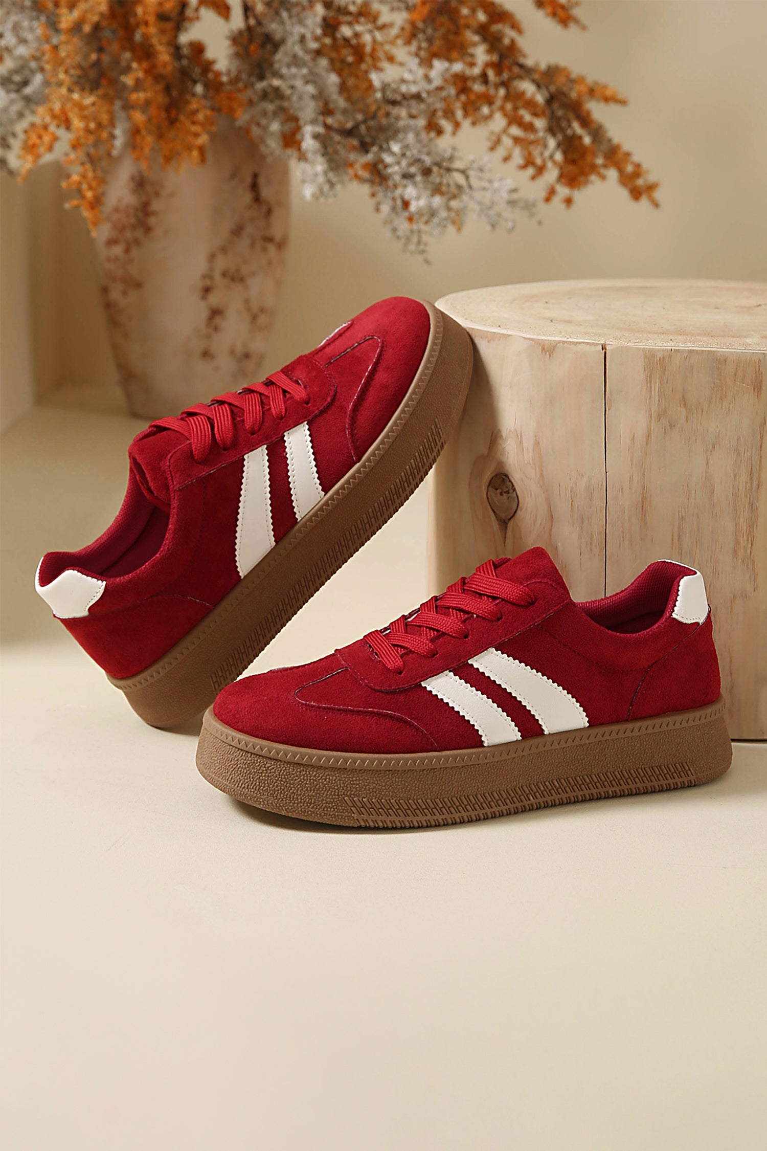 Fiery Red Contrast PU Leather Detail Lace Up Casual Shoes