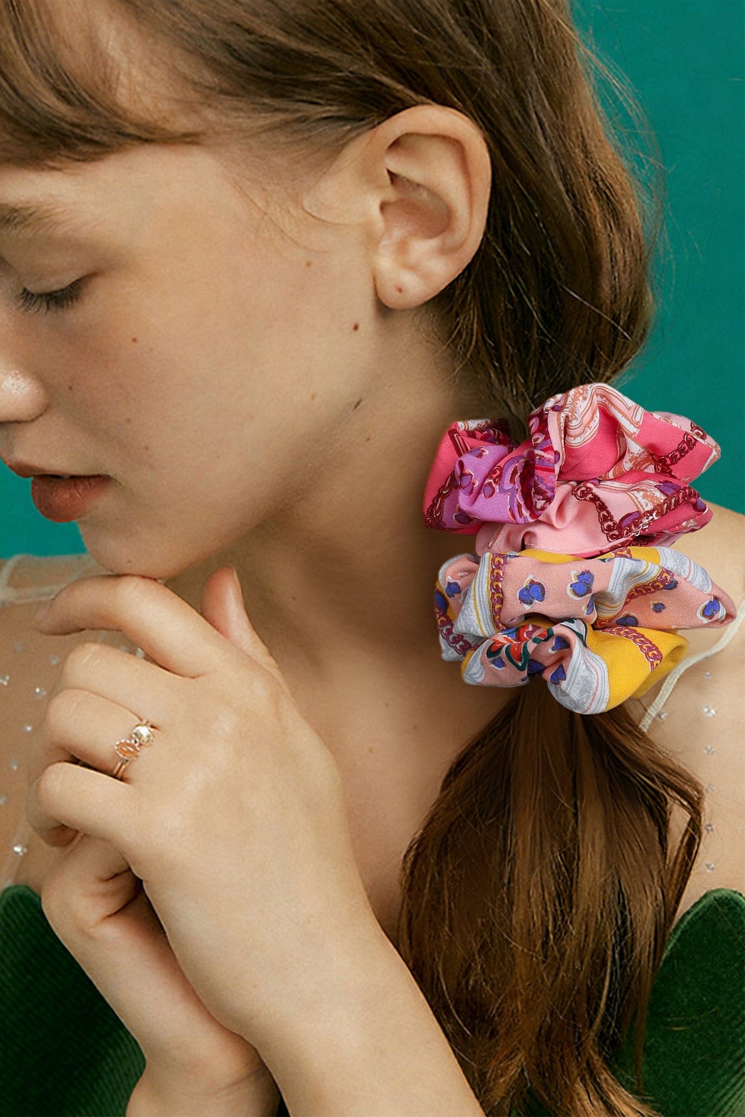 Strawberry Pink Colorful Patterned Scrunchie Hair Tie