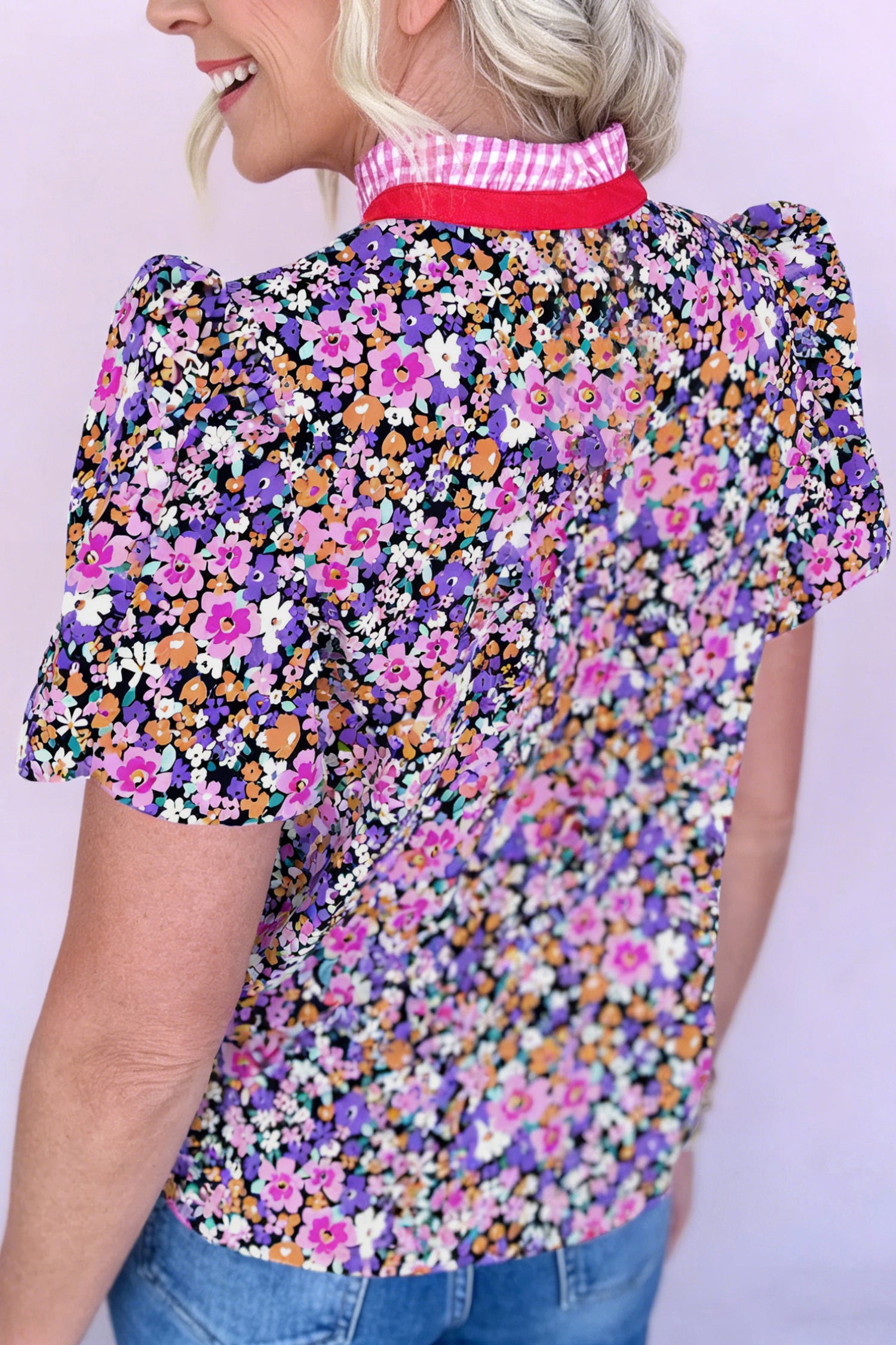 Purple Ditsy Floral Print Plaid Colorblock Trim V Neck Blouse