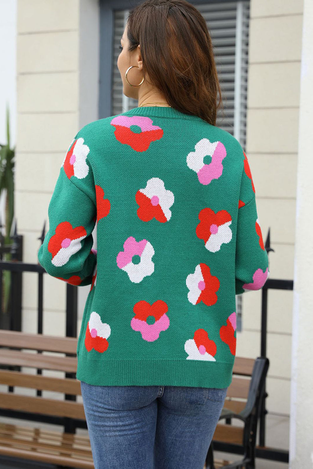 Green Color Block Flower Cute Pattern Drop Shoulder Bulk Sweater