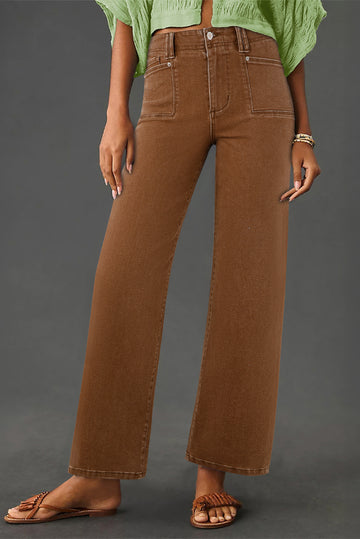 Brown Solid Color Washed Chic Pocket Straight Leg Jeans