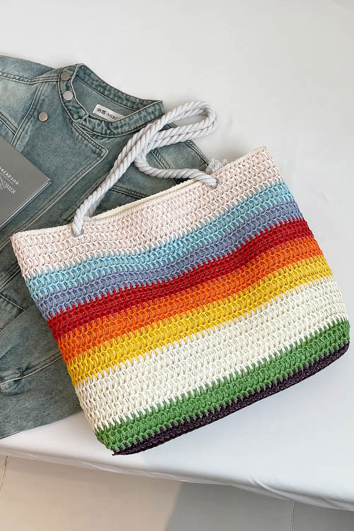 White Rainbow Straw Woven Boho Beach Tote Bag