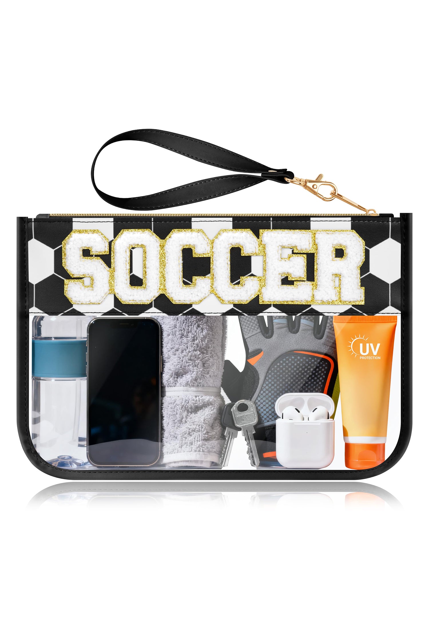 Color black SOCCER Chenille Letter Patch Game Day Stadium Clear PVC Cosmetic Bag