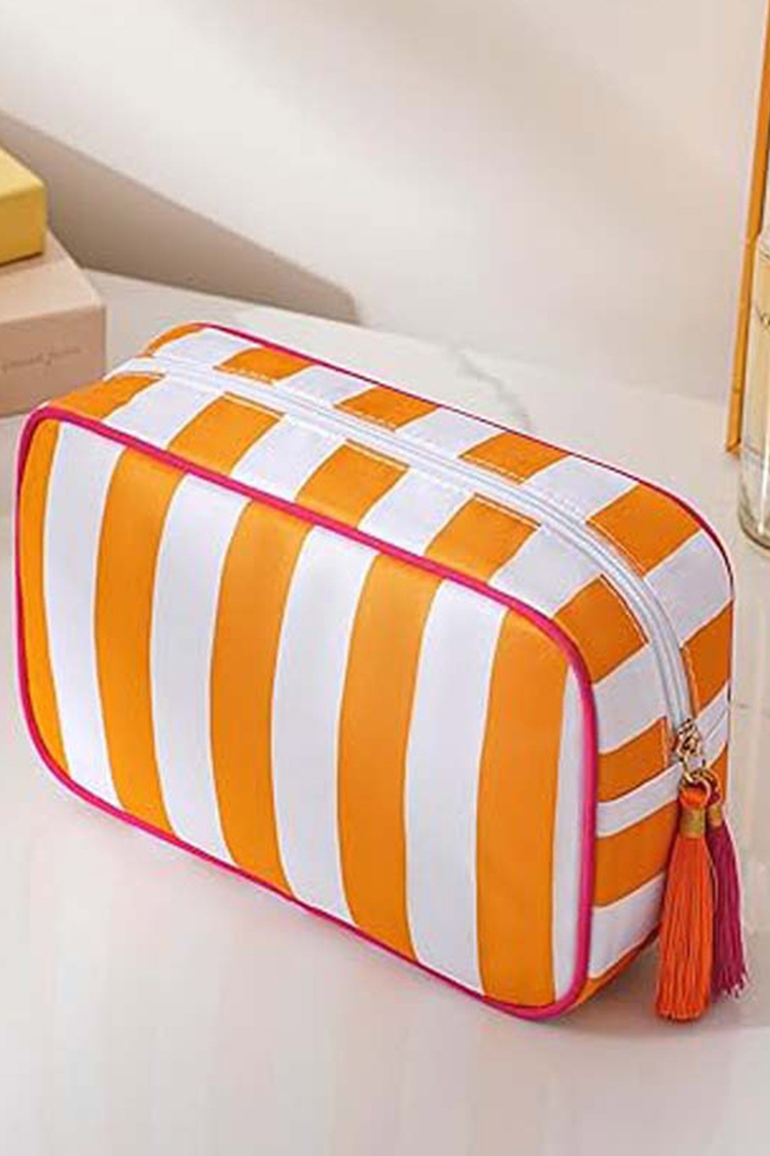 Russet Orange Striped Print Tassel Zipper PU Large Cosmetic Bag