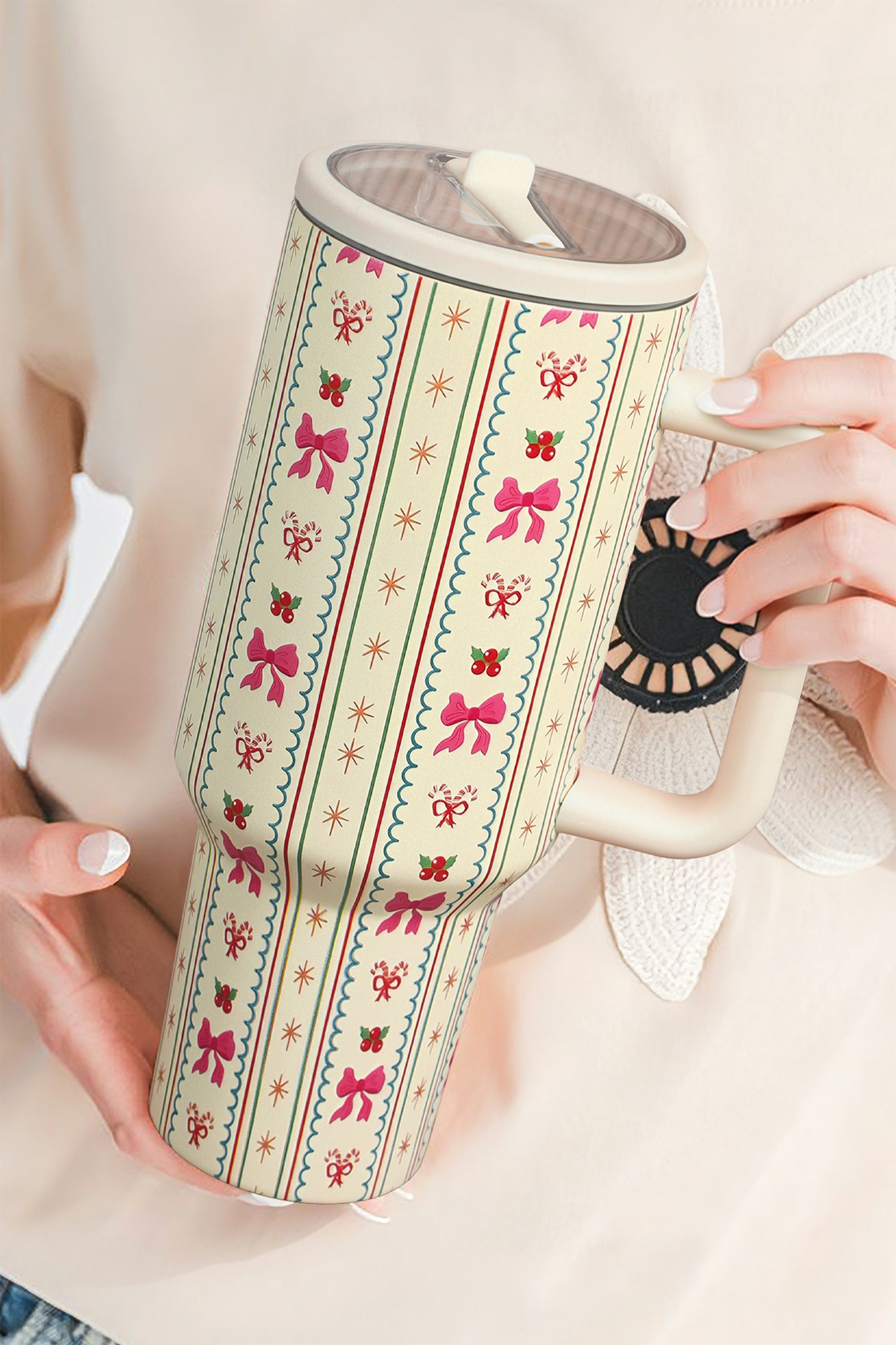 White Holly Jolly Bow Striped Print Flip Straw Tumbler