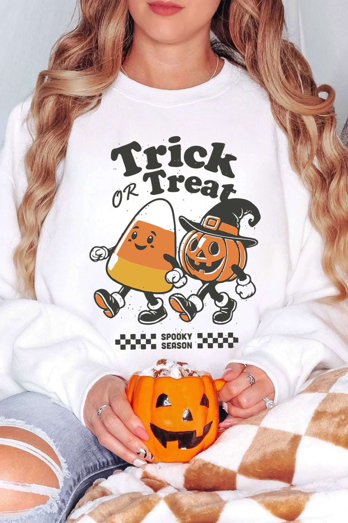 White Trick OR Treat Halloween Graphic Casual Pullover Sweatshirt