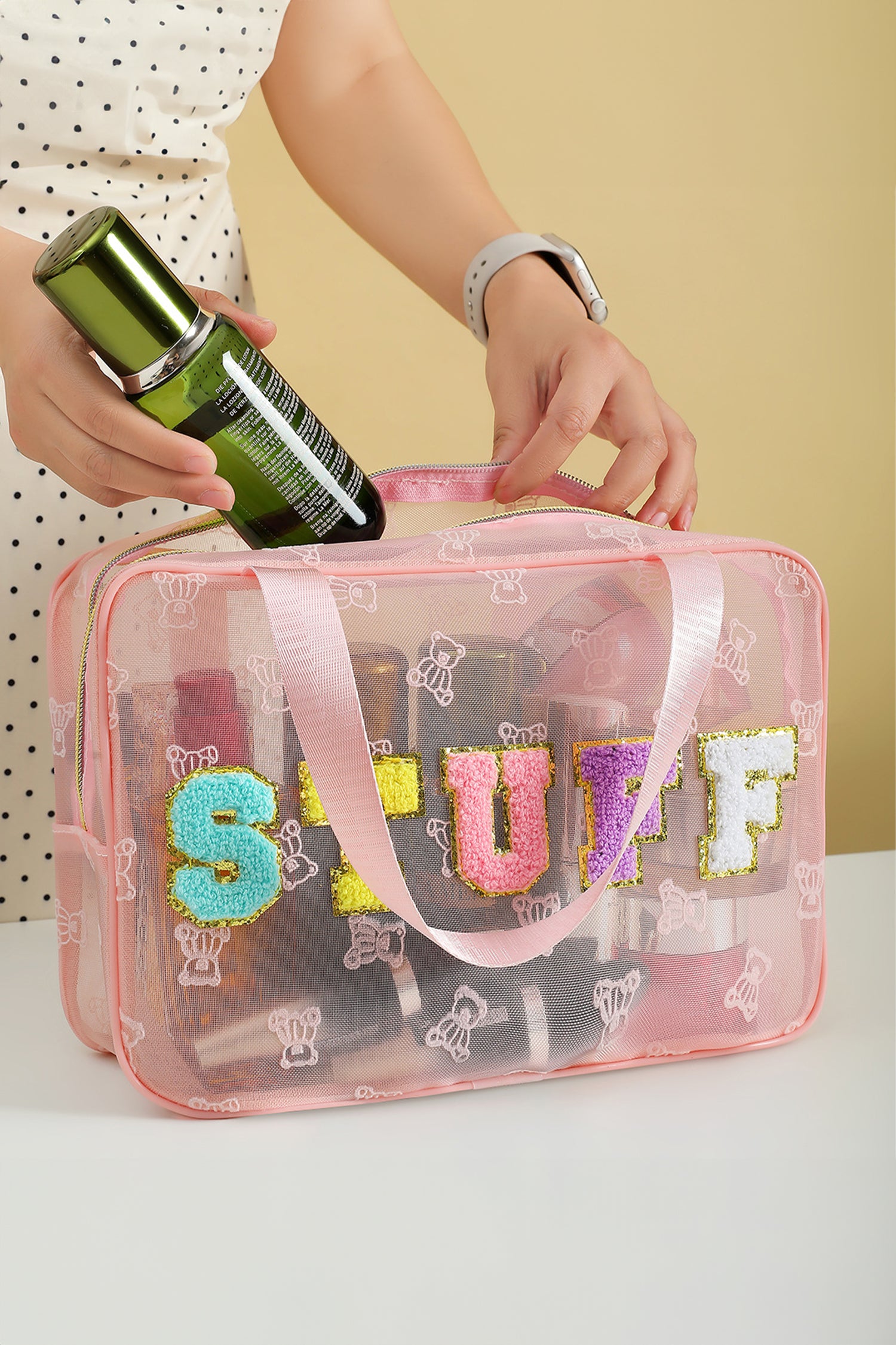 Pink STUFF Chenille Letter Patched Teddy Bear Mesh Lightweight Makeup Bag