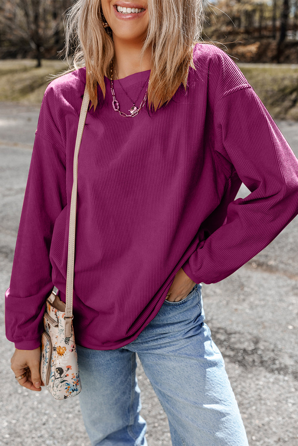 Festival Fuchsia Ribbed Corded Oversized Sweatshirt