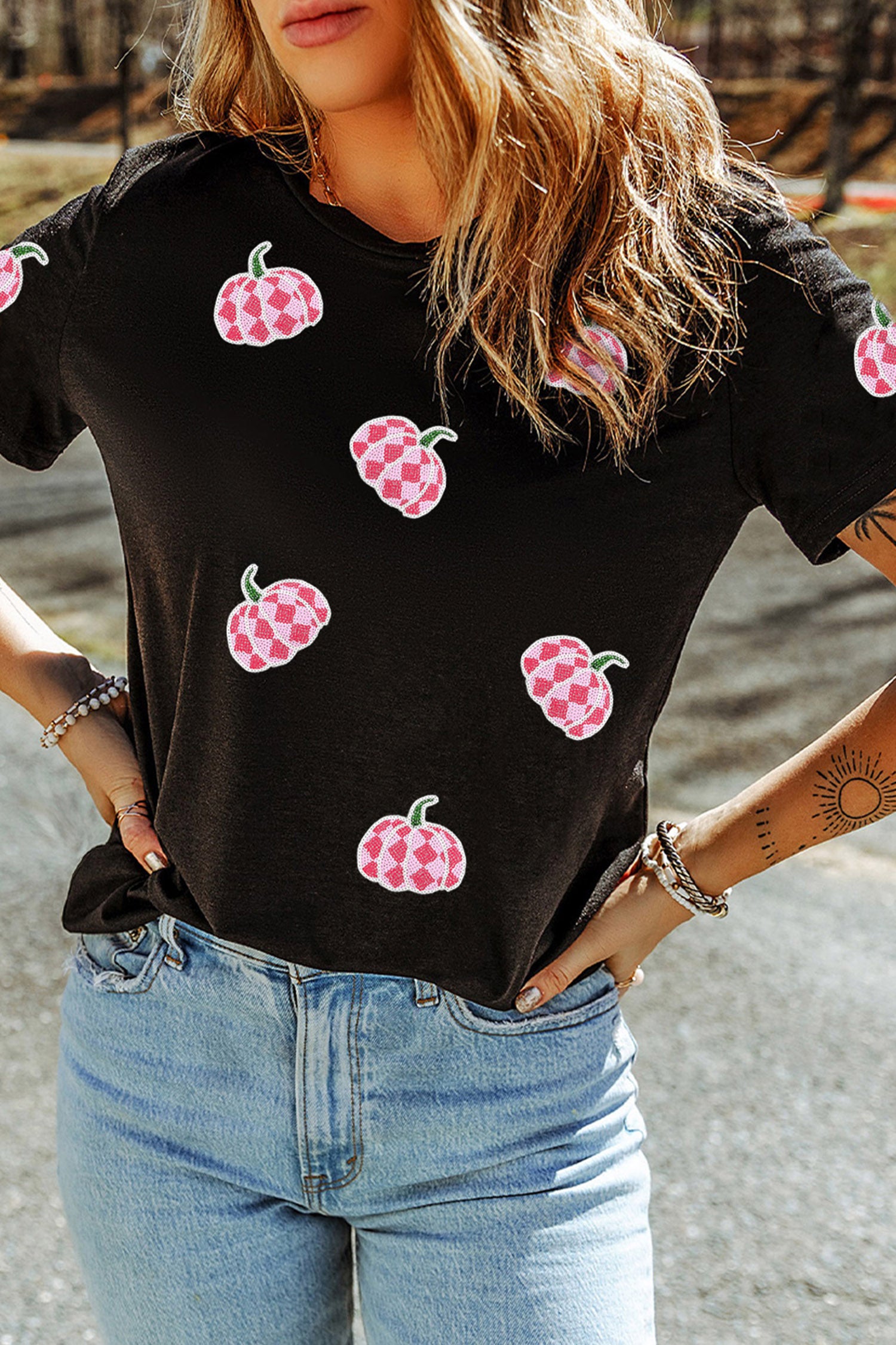 Black Sequin Plaid Pumpkin Graphic Round Neck T Shirt