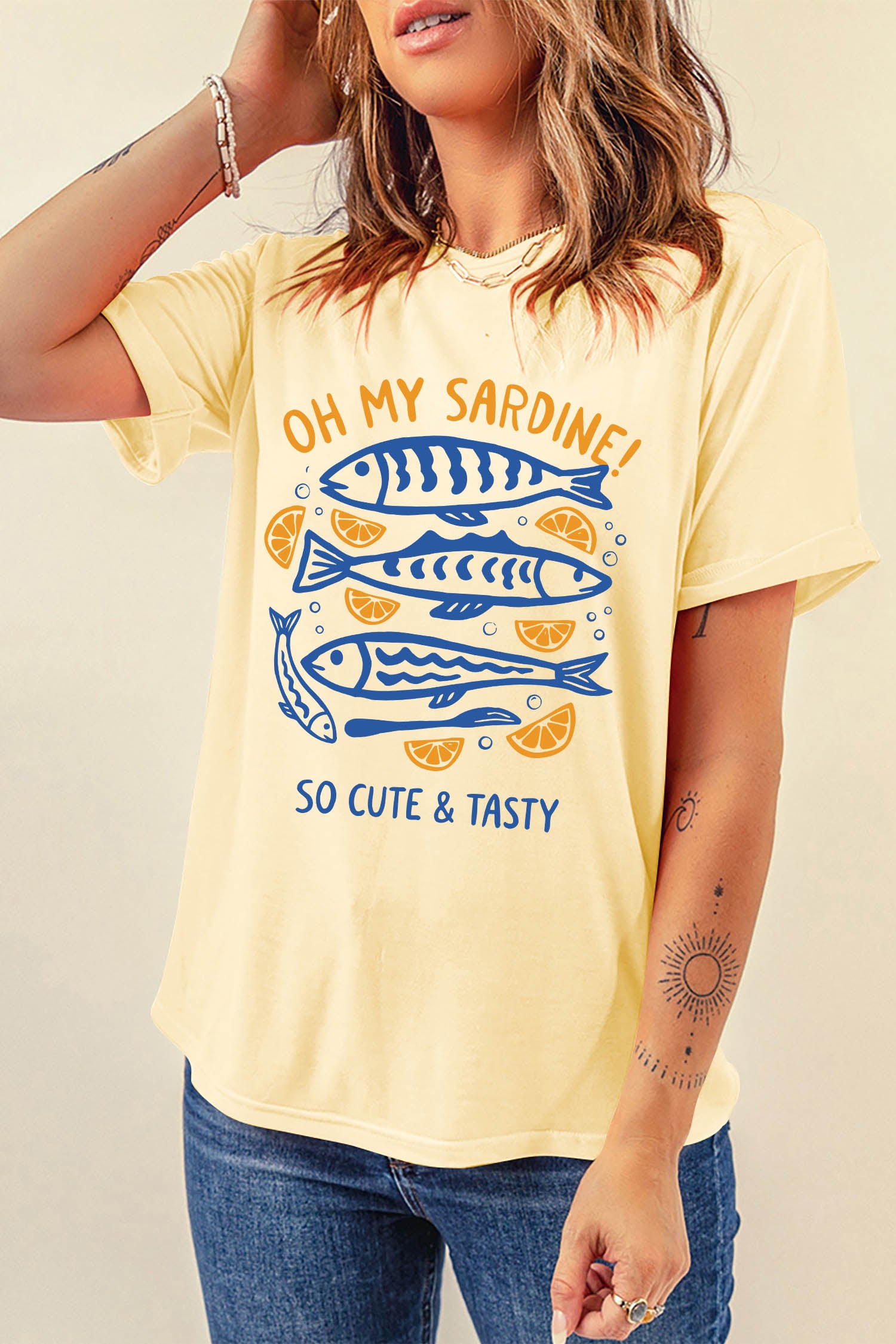 Yellow Cream OH MY SARDINE Lemon Fish Printed T Shirt