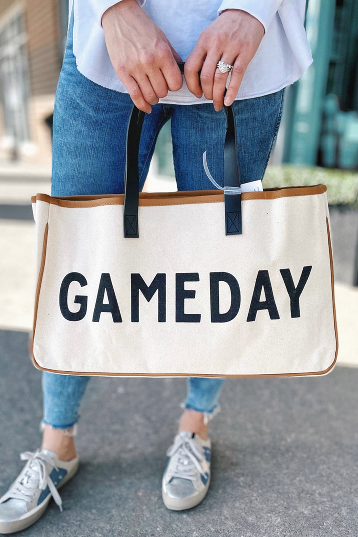 Beige Contrast Handle Leather Trim Canvas GAMEDAY Tote Bag