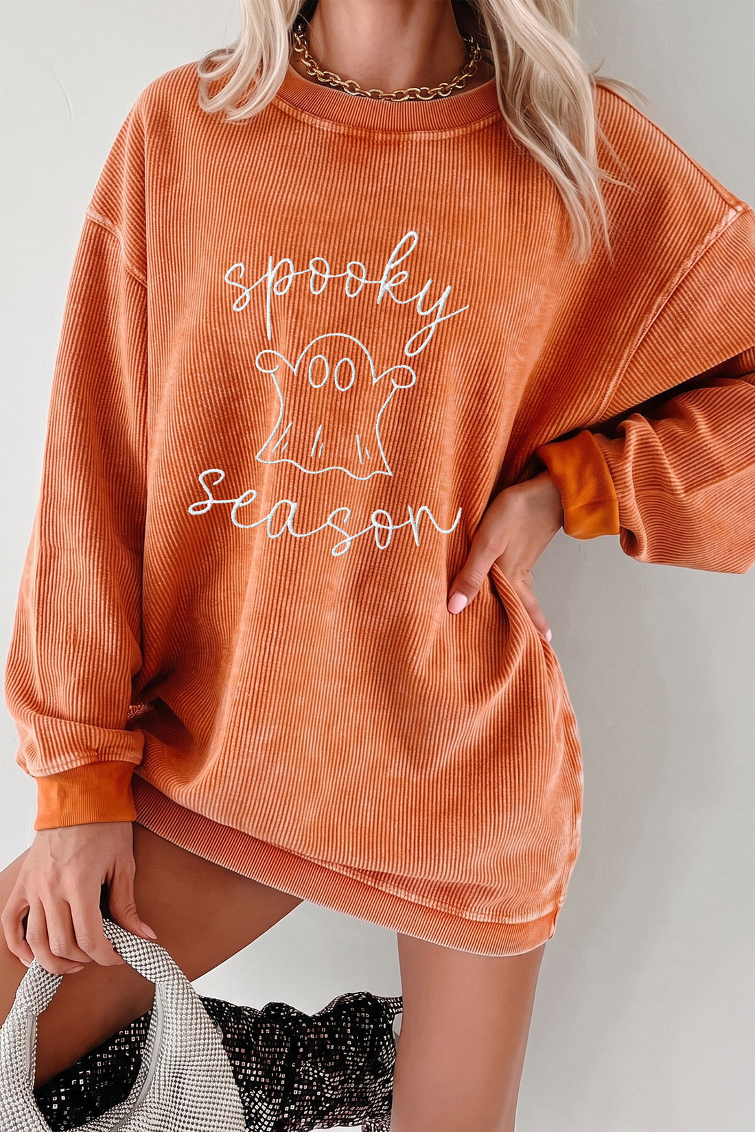 Orange Spooky Season Embroidered Letter Graphic Corded Sweatshirt