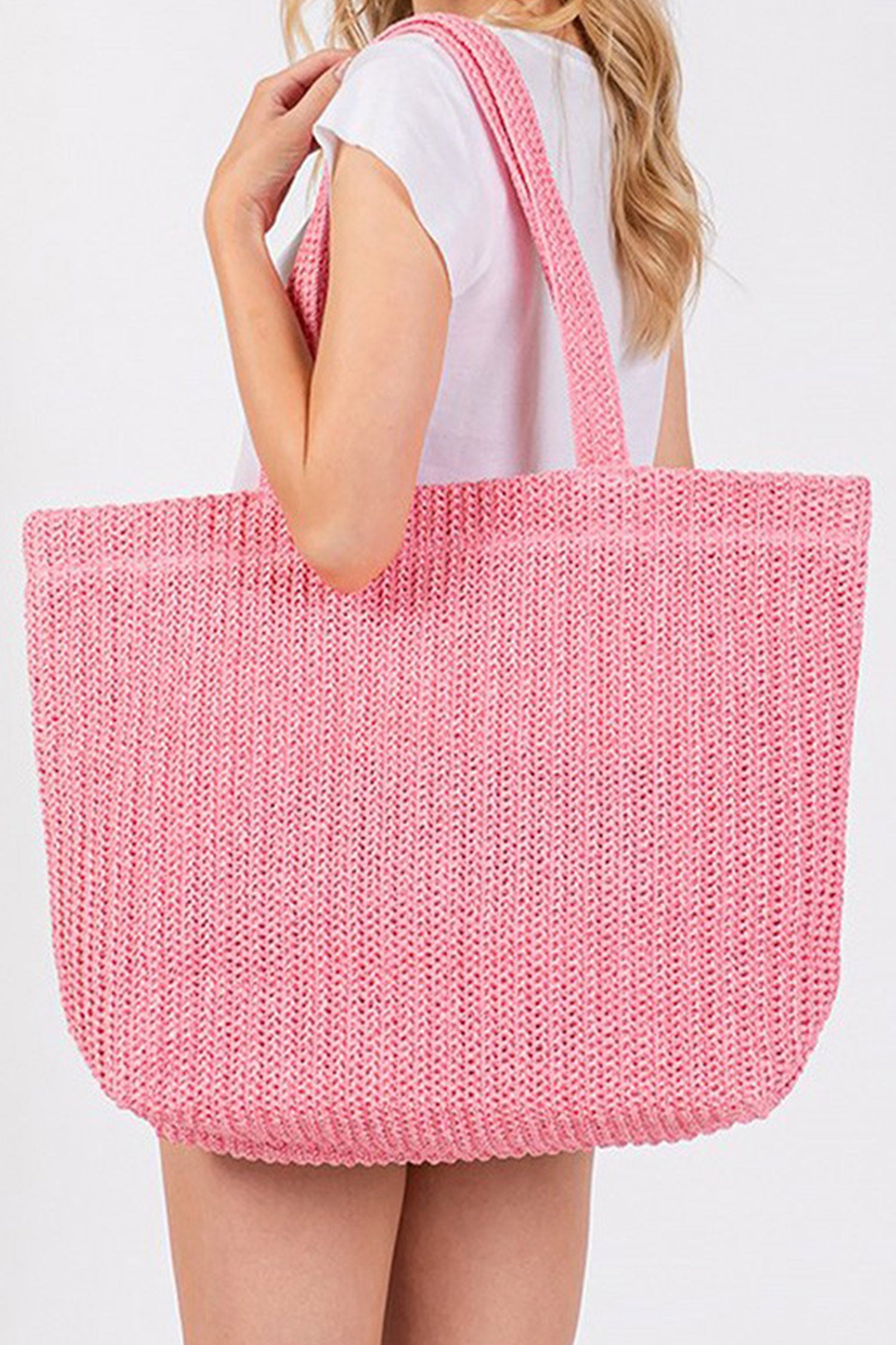 Pink Solid Color Straw Woven Summer Beach Tote Bag
