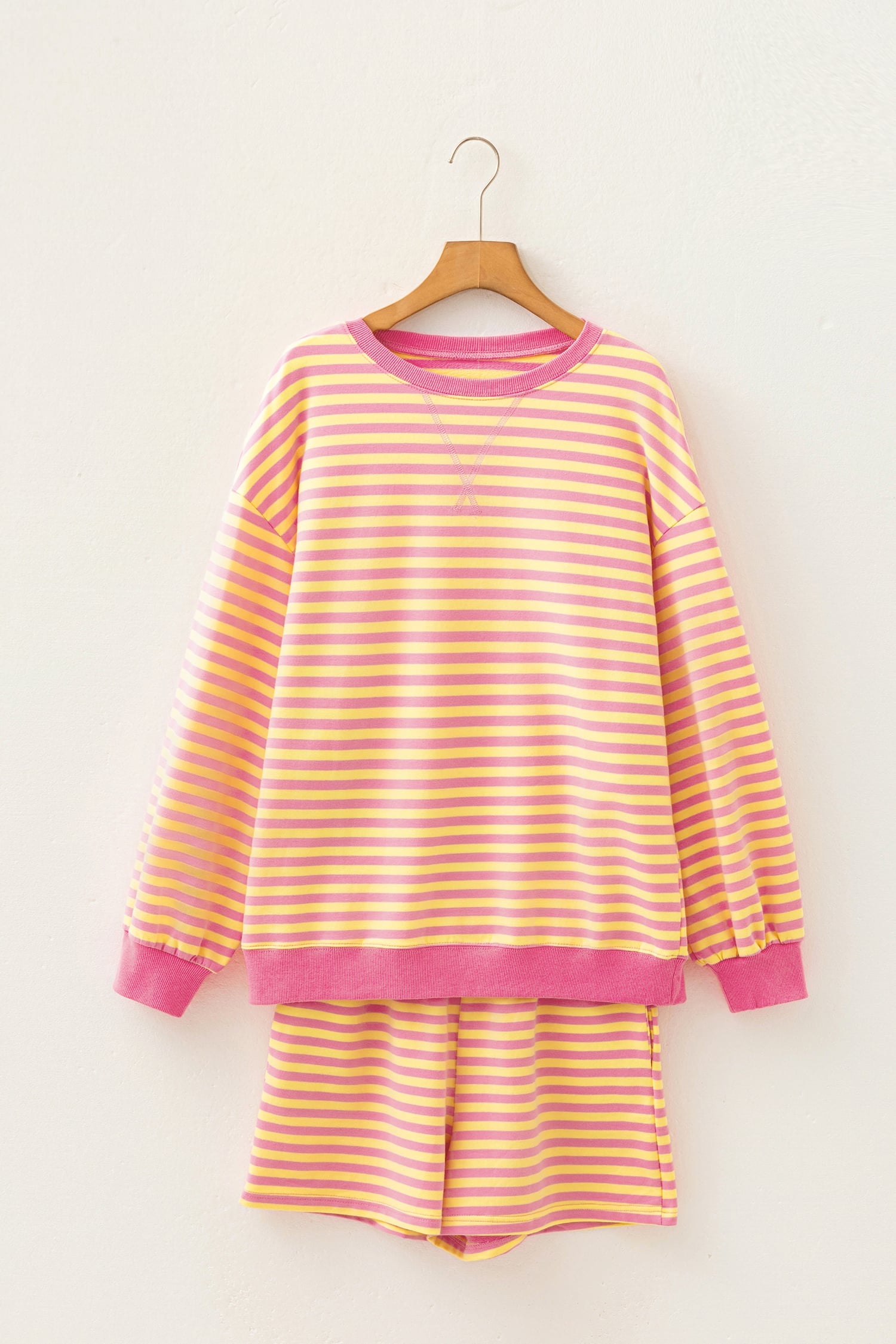 Yellow Stripe Color Block Trim Round Neck Long Sleeve Top Casual Shorts 2pcs Set