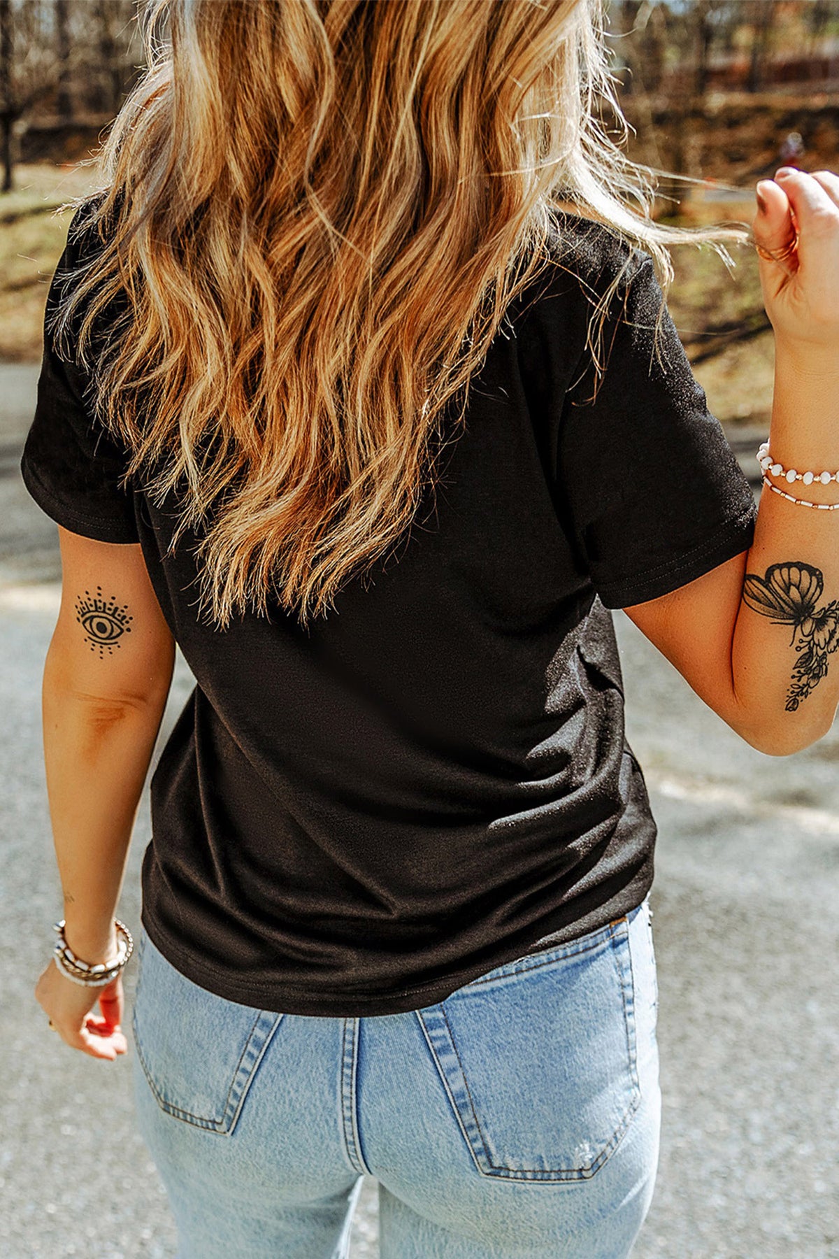 Black Rhinestone Flying Mallard Graphic Casual Round Neck T Shirt