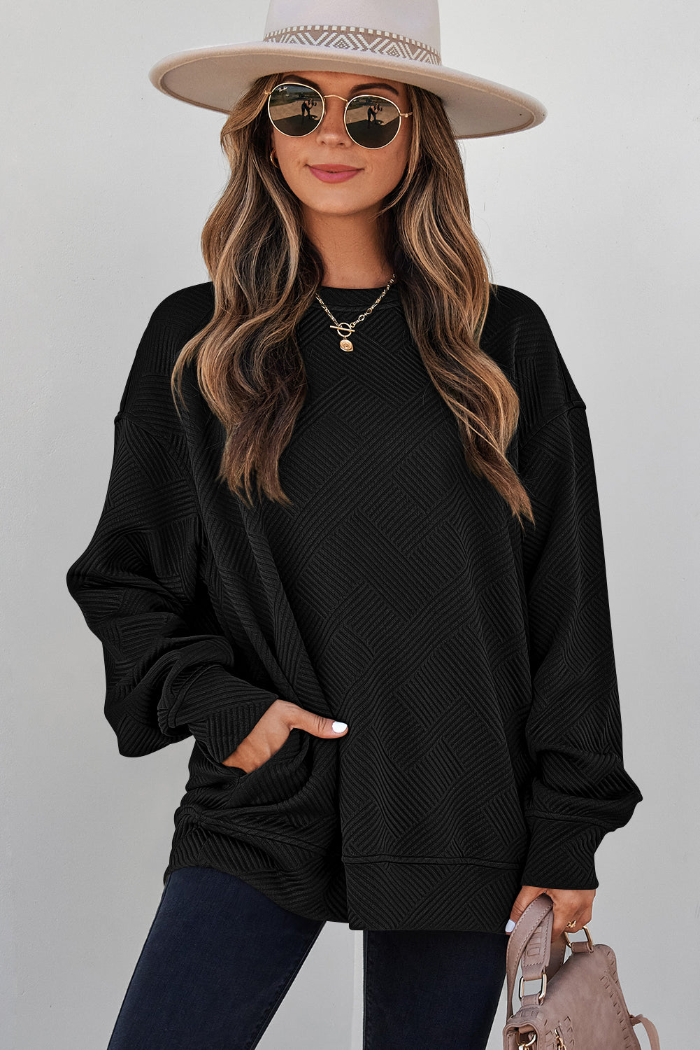 Black Solid Color Textured Round Neck Drop Shoulder Pullover Sweatshirt