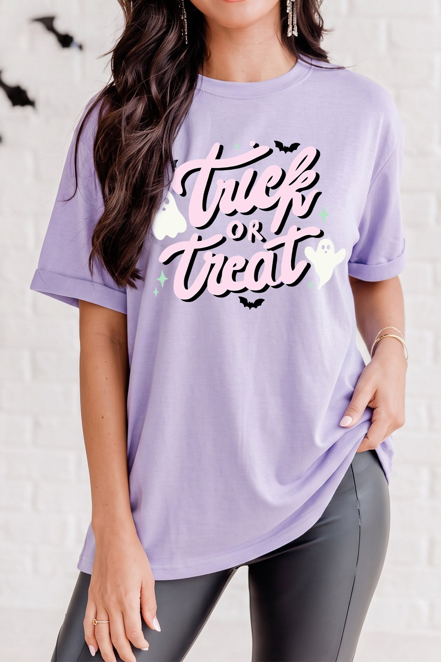 Orchid Petal Halloween Trick or Treat Slogan Graphic Round Neck T-Shirt