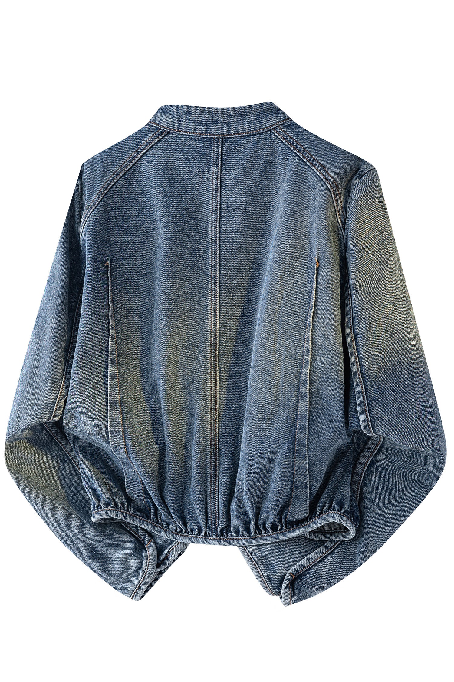 Navy Blue Button Collar Zip Up Vintage Washed Denim Jacket