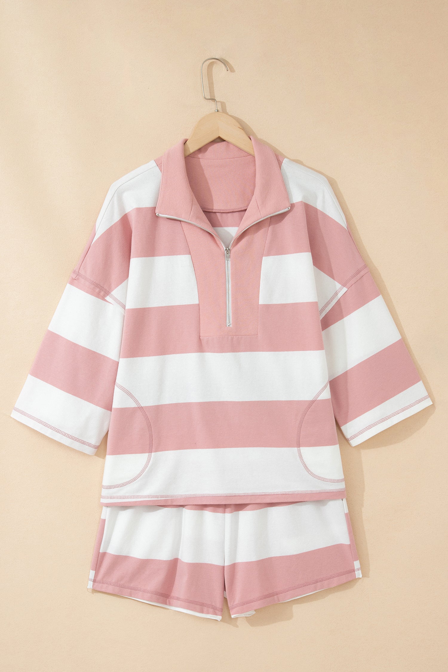 Pink Stripe Half Zip Bracelet Sleeve Top Casual Short Set