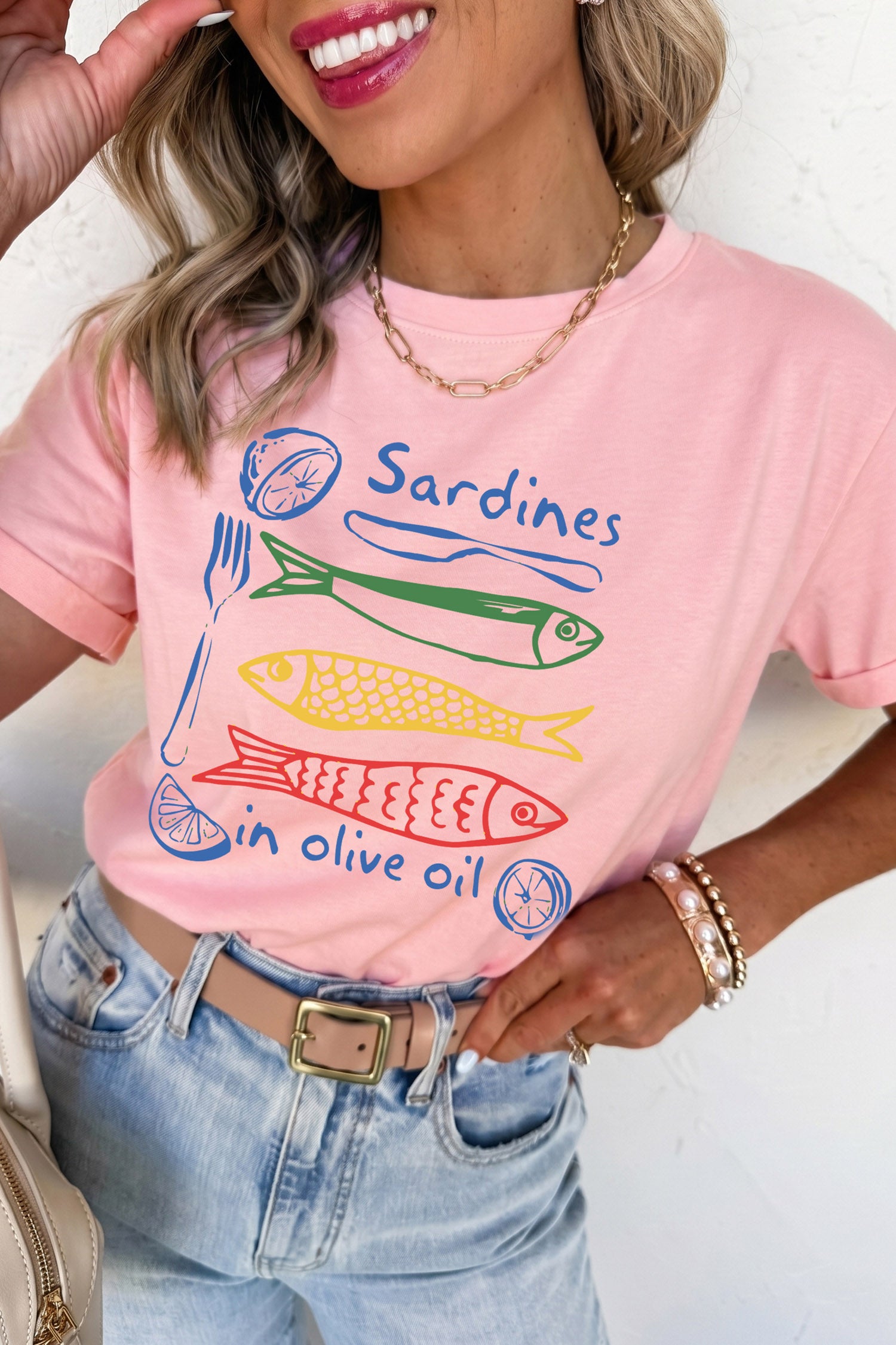 Pink Sardines in Olive Oil Graphic Casual T Shirt