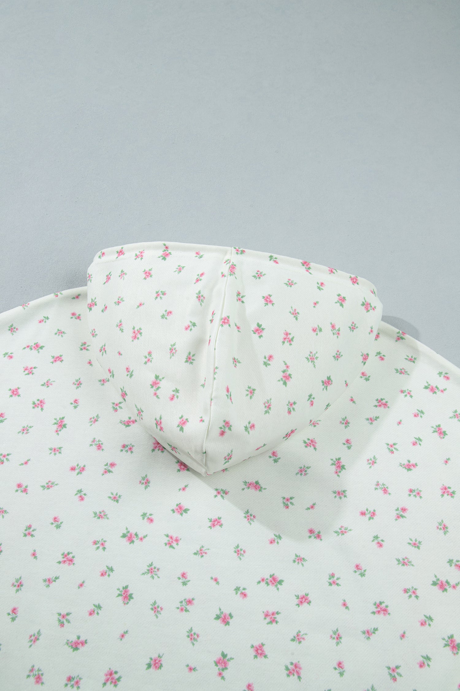 White Floral Print Ribbing Drawstring Hem Long Sleeve Hoodie