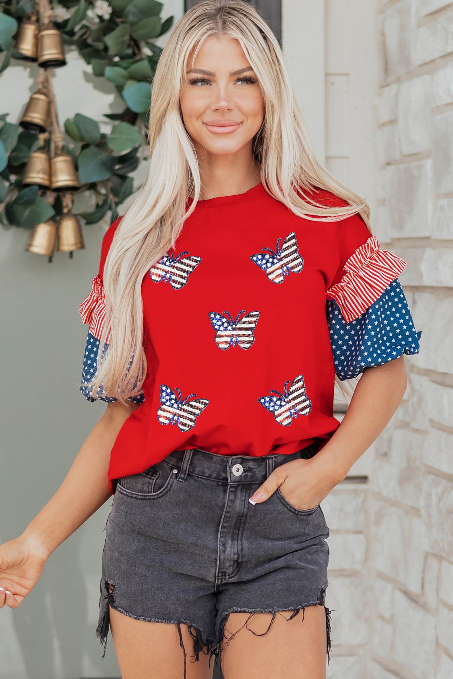 Fiery Red Patriotic Sequin Butterfly Contrast Short Sleeve Top