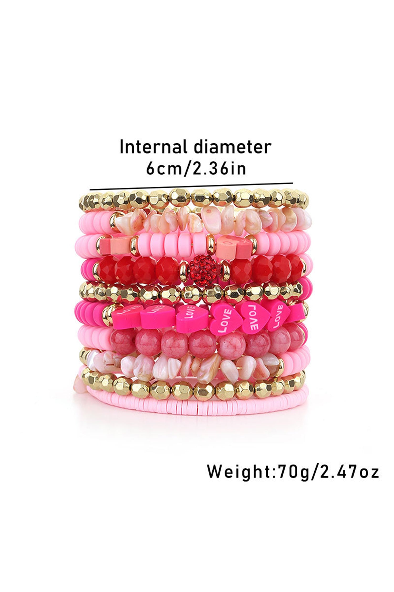 Rose Red 10pcs Polymer Clay Crystal Bead Valentines Heart Multilayer Bracelet Set