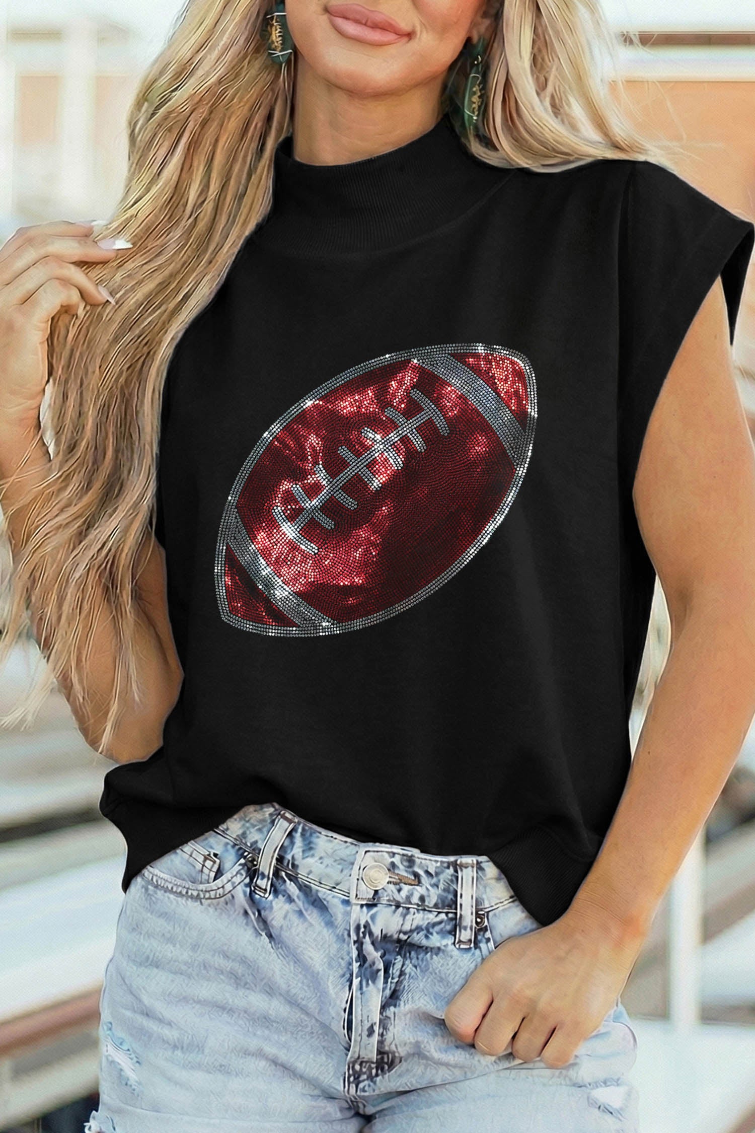 Black Rhinestone Rugby Football Pattern High Neck Short Sleeve Top