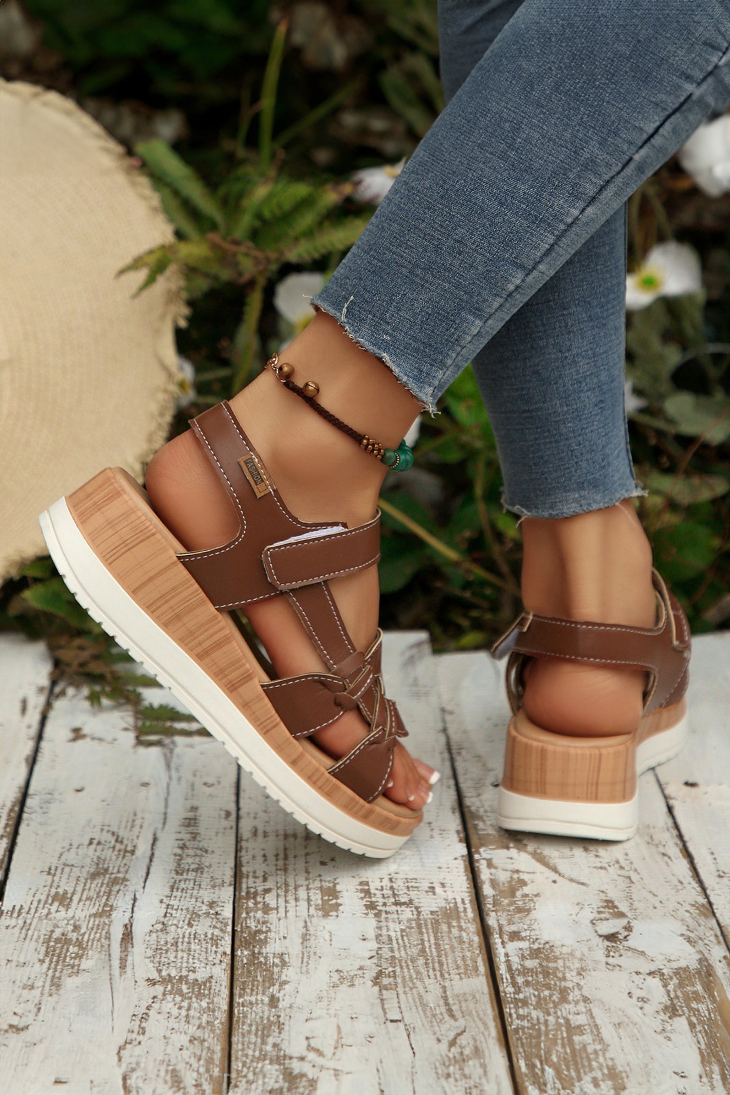Coffee Low Cut PU Leather Slip-on TPR Sole Casual Sandals