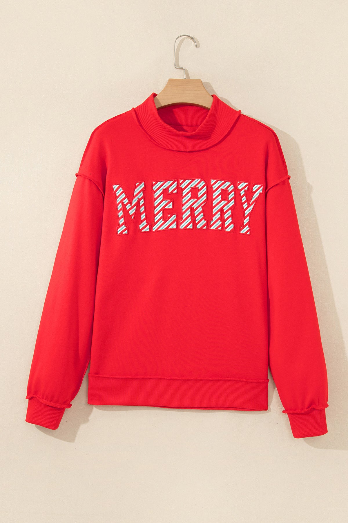 Fiery Red Embroidered Merry Slogan Stand Neck Long Sleeve Shift Sweatshirt