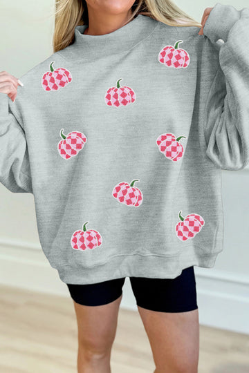 Gray Sequined Pumpkin Graphic Mock Neck Baggy Pullover Sweatshirt