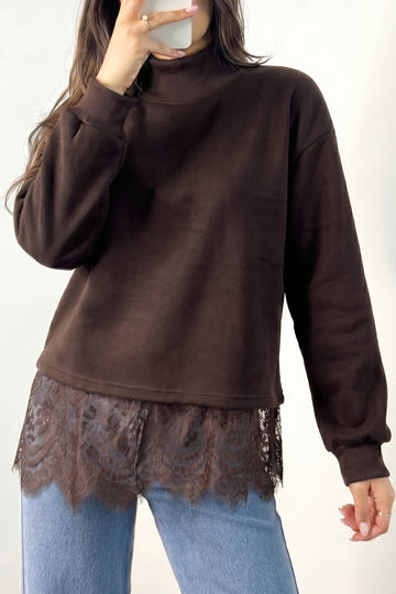 Coffee Solid Color High Neck Lace Splicing Hem Pullover Sweatshirt