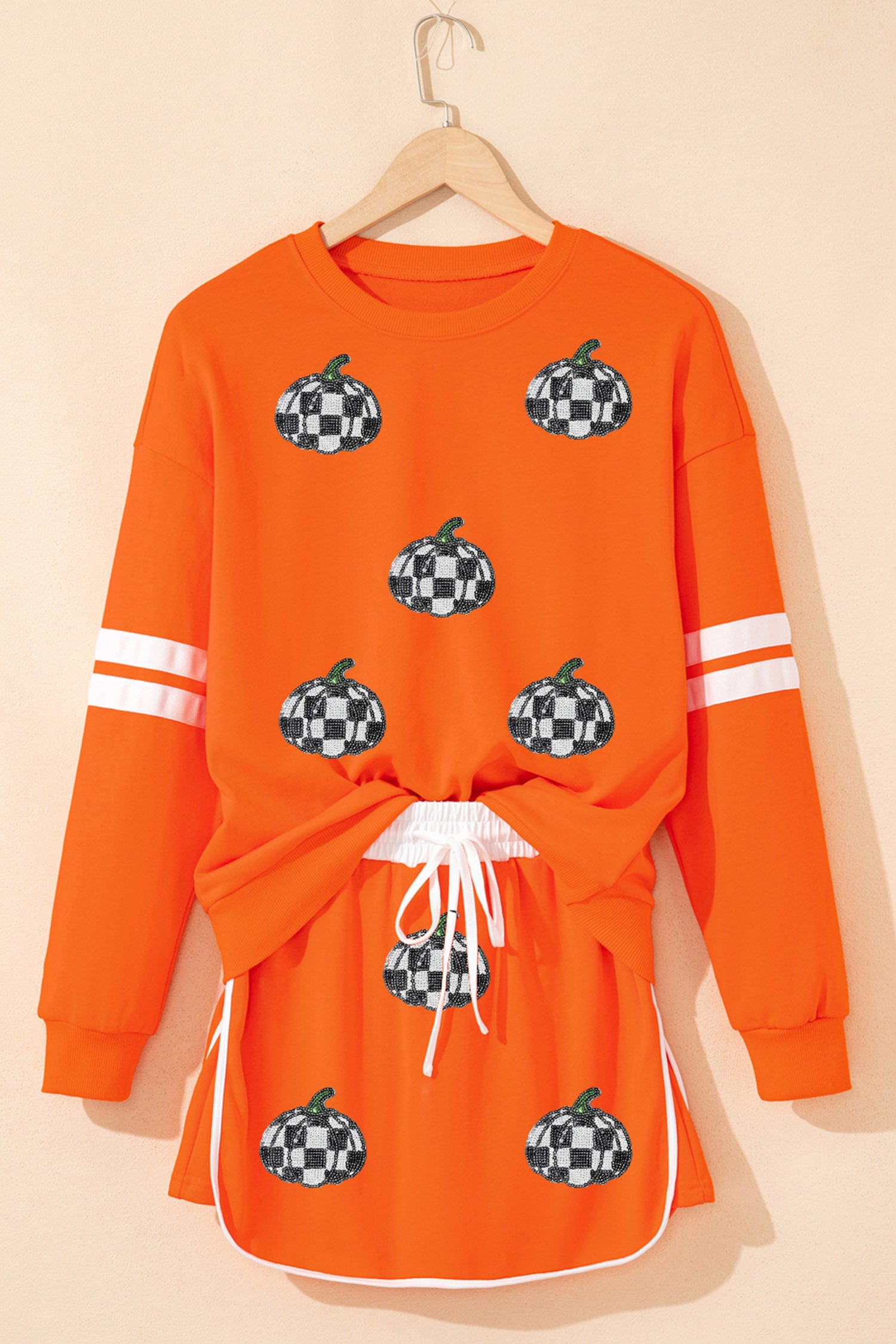 Orange Rhinestone Pumpkin Print Long Sleeve Shift Skirt Set