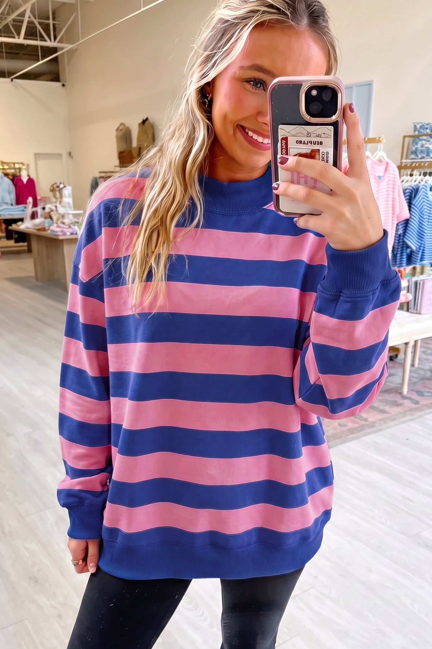 Rose Stripe Colorblock Mock Neck Relaxed Sweatshirt