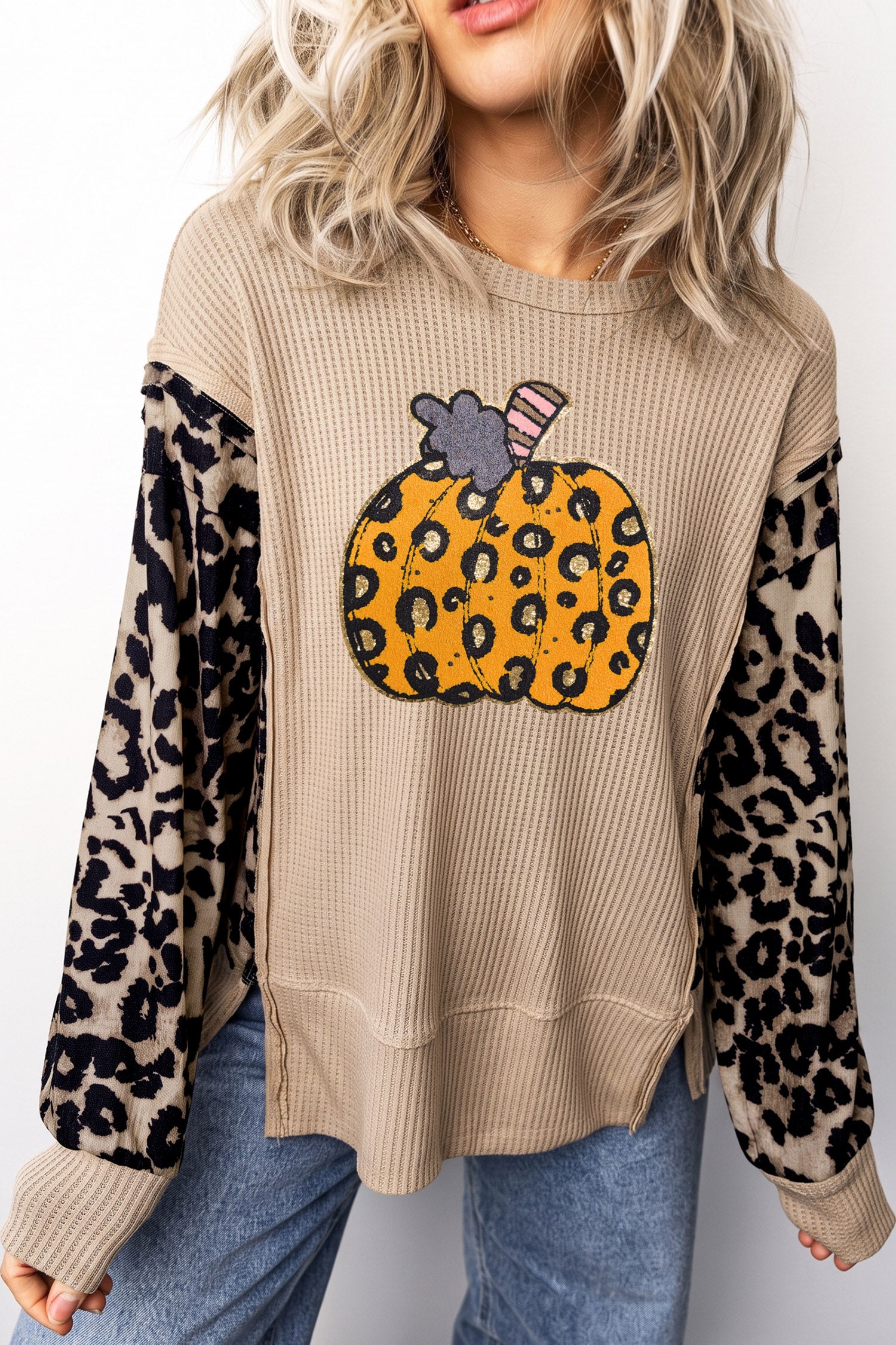 Gray Morn Leopard Sleeve Pumpkin Graphic Western Pullover Top