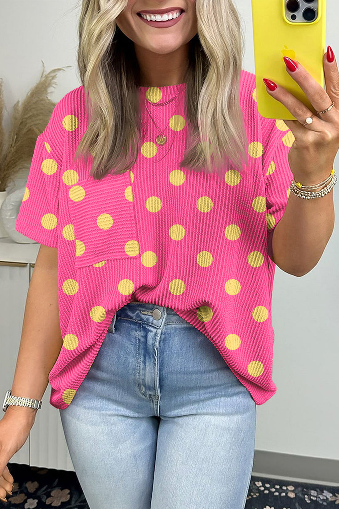 Pink DEFECTIVE Polka Dot Patch Pocket Twisted Ribbed Top