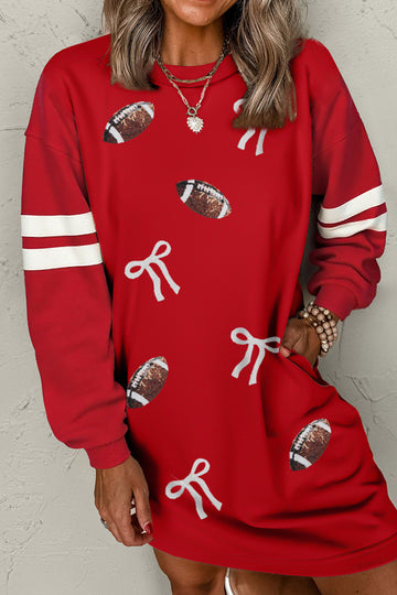 Fiery Red Sequin Rugby Bow Graphic Varsity Striped Sleeve Shift Mini Dress