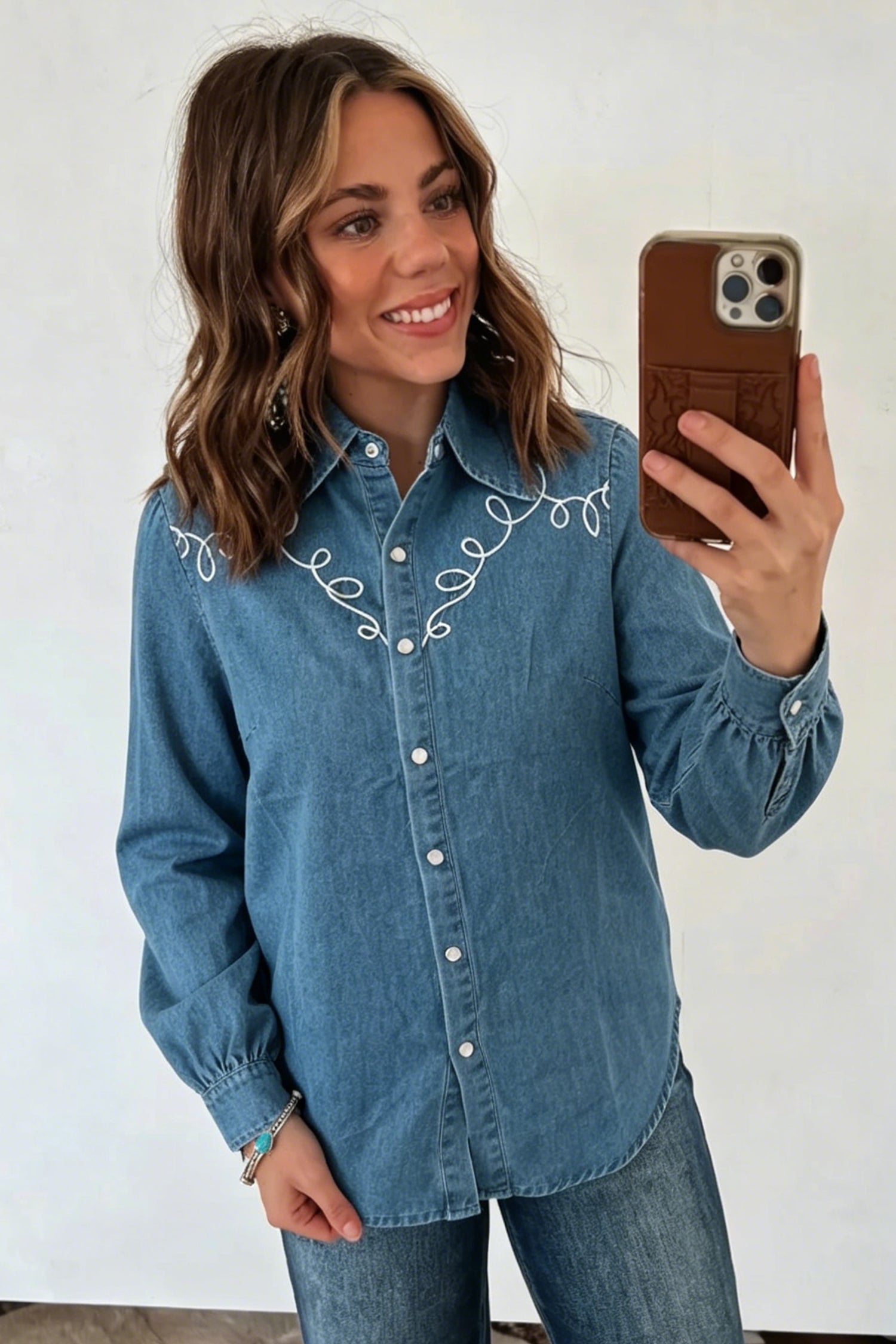 Dusk Blue Western Embroidered Collar Long Sleeve Denim Shirt