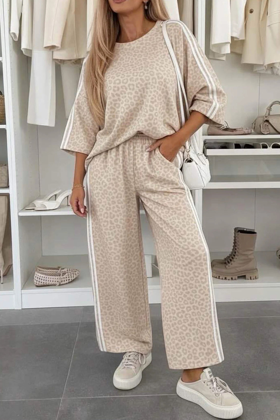 Apricot Leopard Print Varsity Striped Detail 3/4 Sleeve Top Shift Pant Set