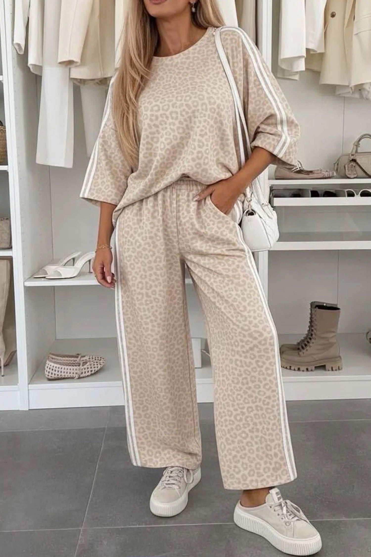 Apricot Leopard Print Varsity Striped Detail 3/4 Sleeve Top Shift Pant Set